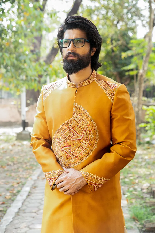 MUSTARD MANDALA ART HANDCRAFTED SHERWANI