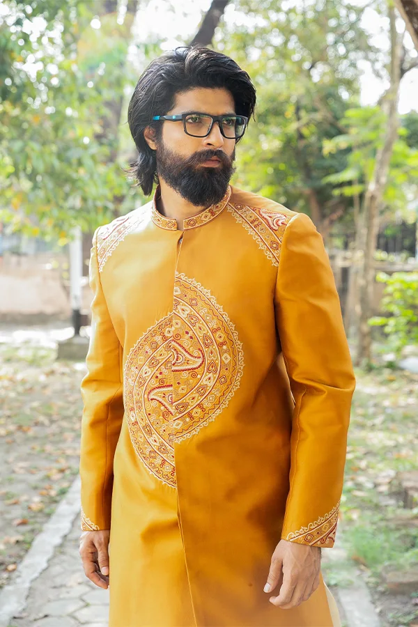 MUSTARD MANDALA ART HANDCRAFTED SHERWANI Hover