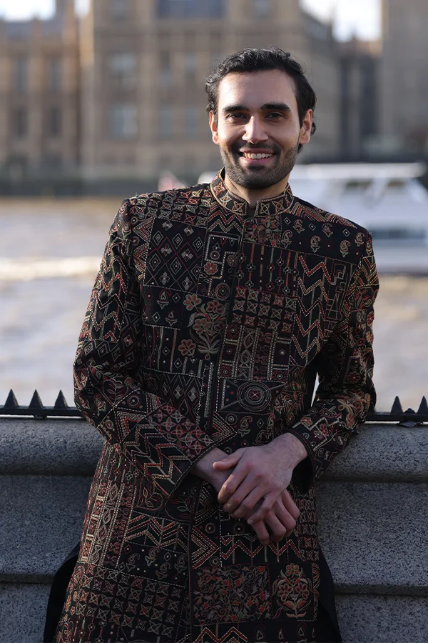 PASTEL BLOCK PATTERNED SHERWANI SET Hover