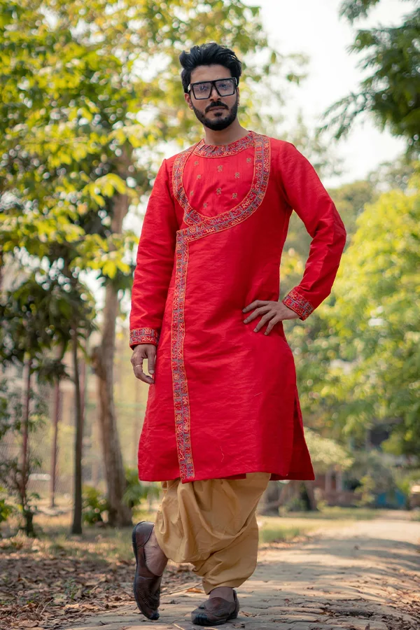 RED BENGALI WEDDING MANTRA EMBROIDERED ANGRAKHA  SET