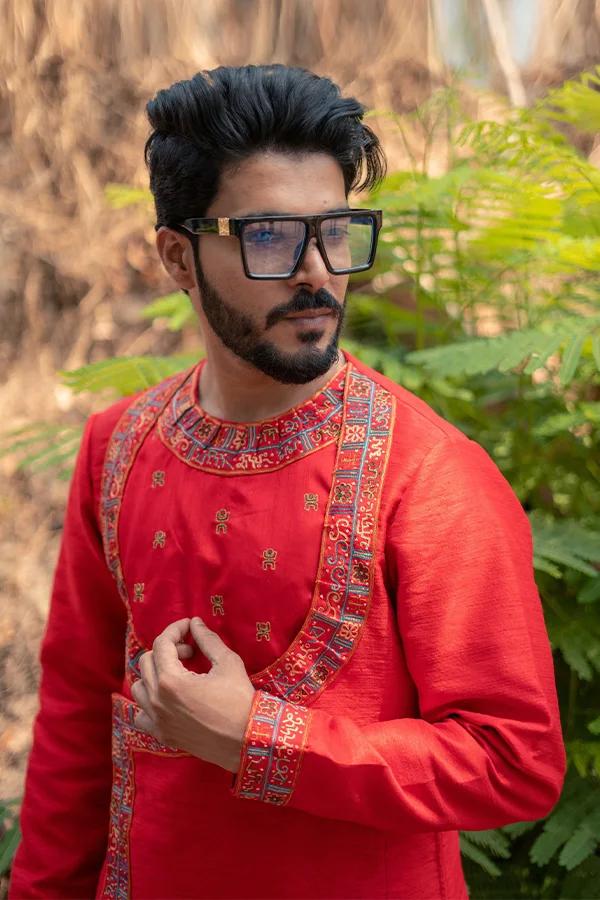 RED BENGALI WEDDING MANTRA EMBROIDERED ANGRAKHA  SET Hover