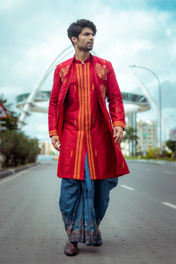 RED FLORAL LAYERED SHERWANI