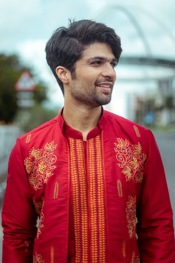 RED FLORAL LAYERED SHERWANI Hover