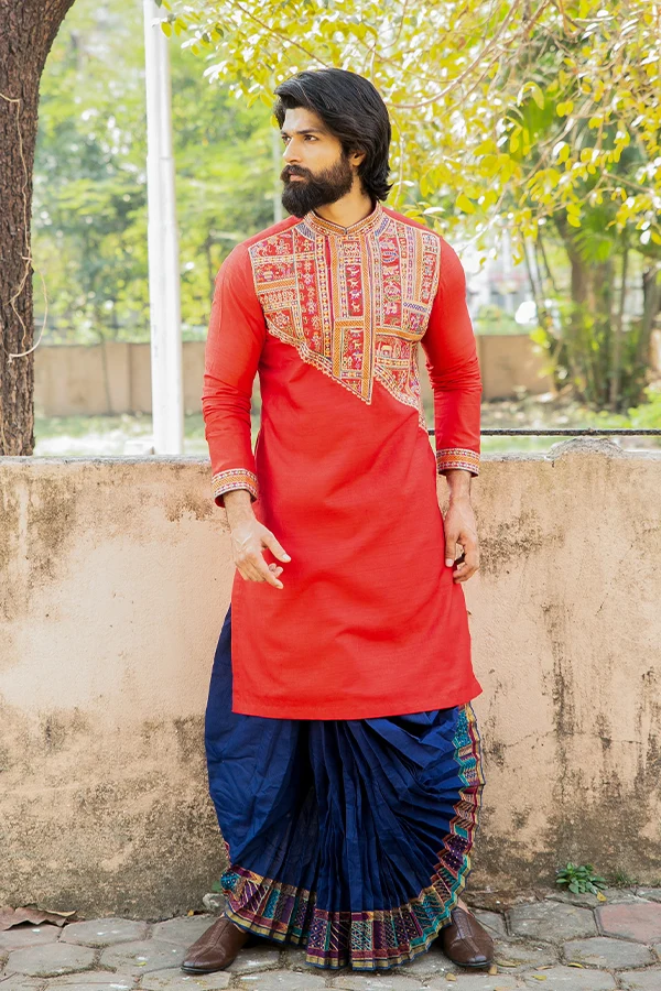 RED MINIATURE ART EMBROIDERED KURTA Hover
