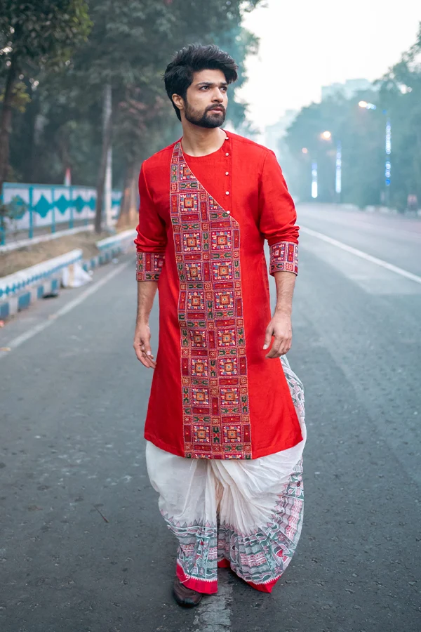 RED MONGOLIAN PANEL STYLE KURTA