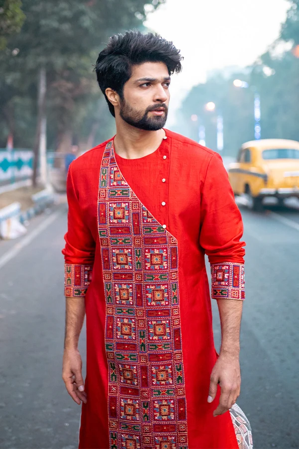 RED MONGOLIAN PANEL STYLE KURTA Hover