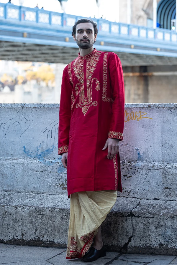 RED TRADITIONAL PAISLEY YOKE KURTA Hover