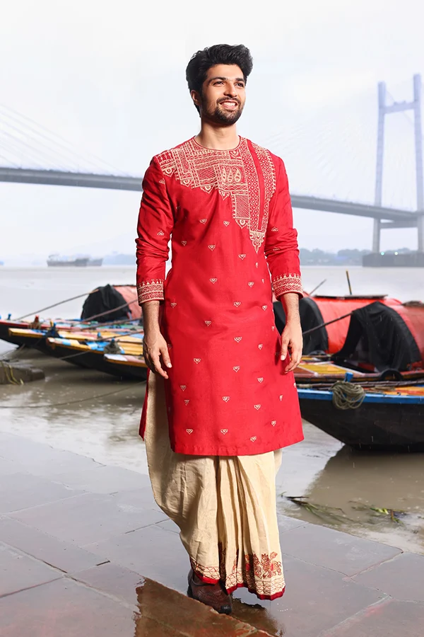 RED WEDDING EMBROIDERED KURTA Hover
