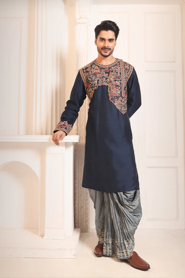 REGAL BLUE OLD KOLKATA THEMED KURTA Hover