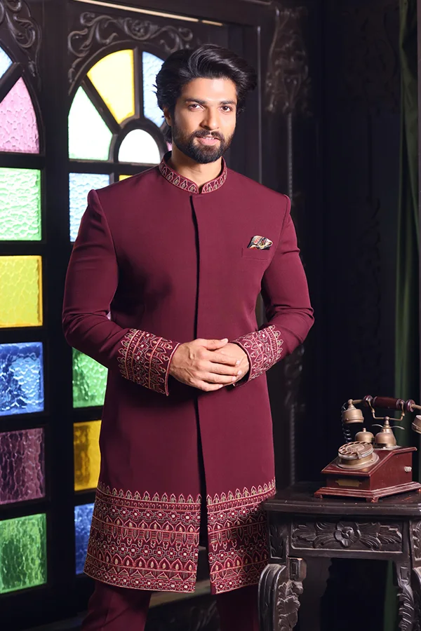REGAL WINE MANDALA ART SHERWANI SET