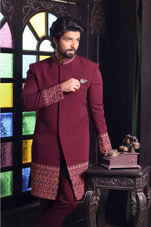 REGAL WINE MANDALA ART SHERWANI SET Hover