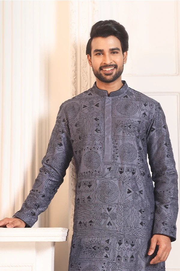 RURAL INDIA KANTHA EMBROIDERED GREY KURTA