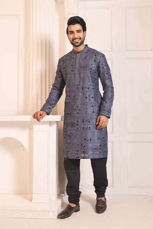 RURAL INDIA KANTHA EMBROIDERED GREY KURTA Hover