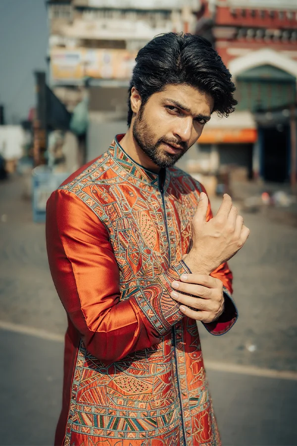 RUST MODERN ART HAND EMBROIDERED ACHKAN