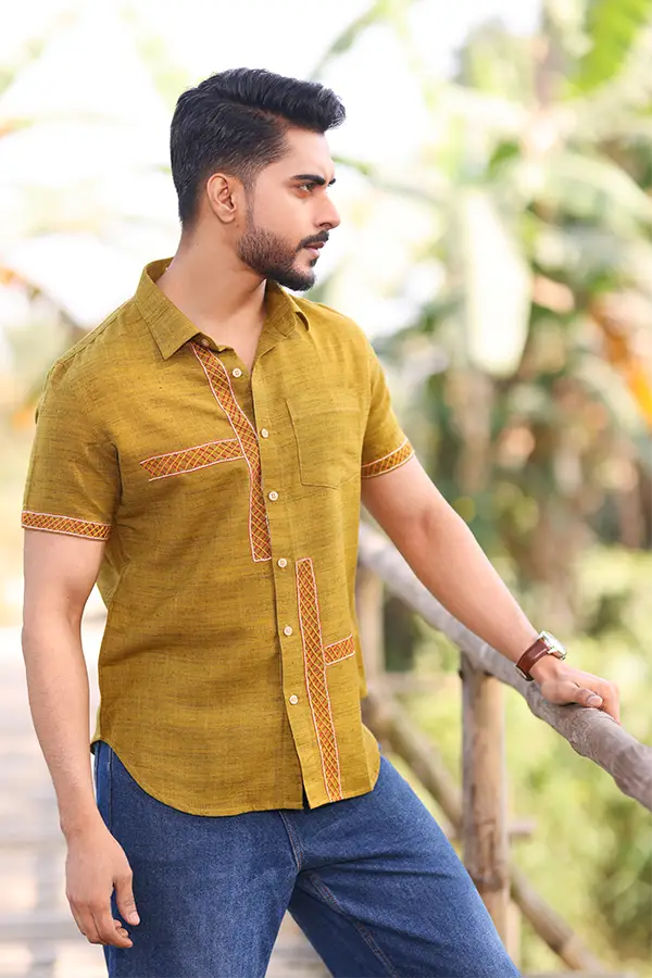 SPIDER NET EMBROIDERED DESIGNER SHIRT - OLIVE GREEN