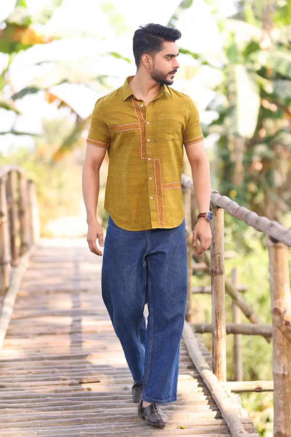 SPIDER NET EMBROIDERED DESIGNER SHIRT - OLIVE GREEN Hover