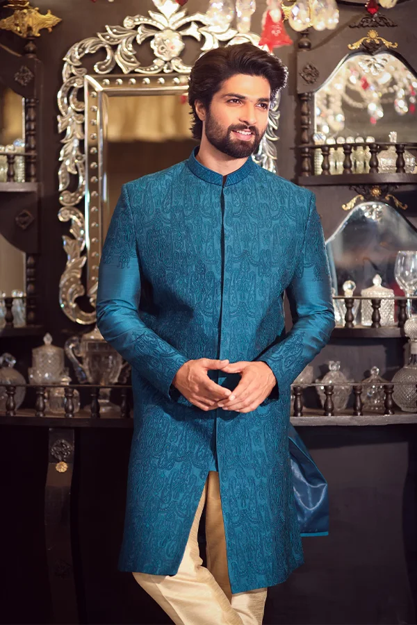 TURQUOISE ETHNIC PAISLEY EMBROIDERED SHERWANI SET