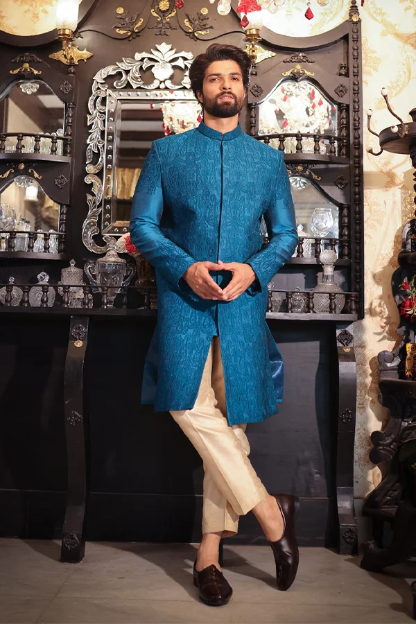 TURQUOISE ETHNIC PAISLEY EMBROIDERED SHERWANI SET Hover