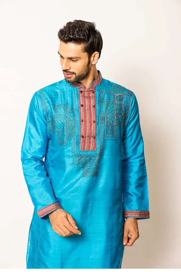 TURQUOISE TEAL ABSTRACT KANTHA KURTA