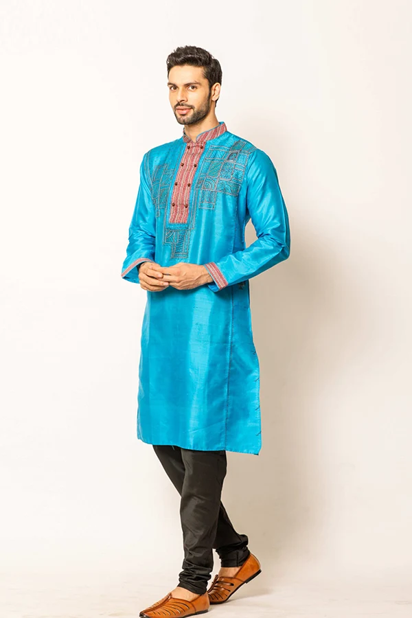 TURQUOISE TEAL ABSTRACT KANTHA KURTA Hover