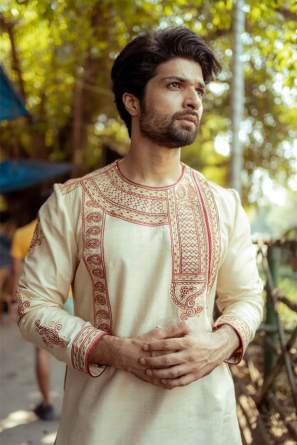 TUSSAR TRADITIONAL WEDDING EMBROIDERED KURTA Hover