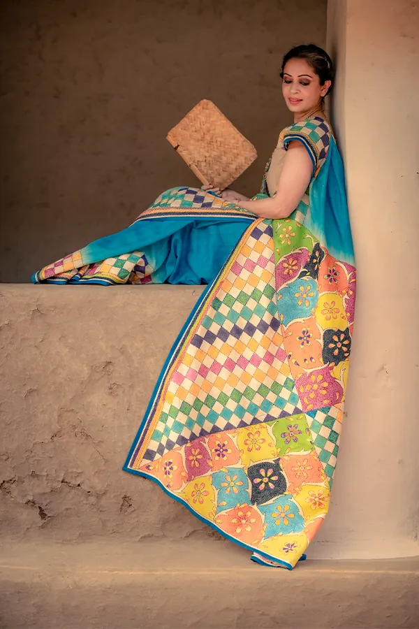 YAMAN || TURQUOISE GEOMETRIC FLORAL KANTHA HANDPAINTED SAREE